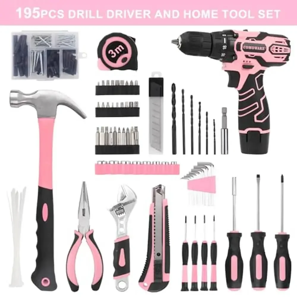 195PCS Household Tool Kit with 12V Cordless Drill Power Drill Sets Home Repairing Versatile Tools DIY Projects Compact Storage