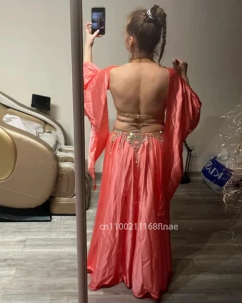 벨리댄스 공연 의상 세트 여성용 브라+새틴 스플릿 스타일 롱 스커트 2피스 맞춤형 성인용 오리엔탈 벨리댄스 세트