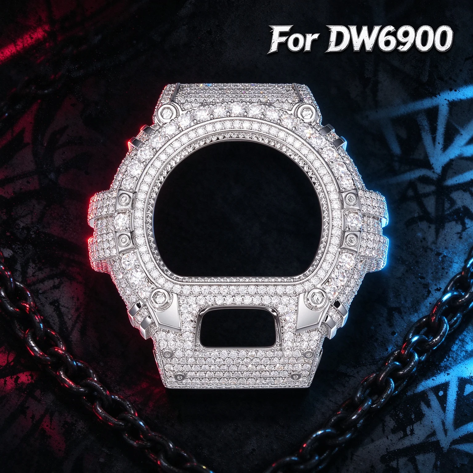 Iced Out Watch Case For DW6900 Men Inlaid Full Moissanite Stones 18K Gold Plated Hip Hop Bling Replacement Cover Wristwatch Part