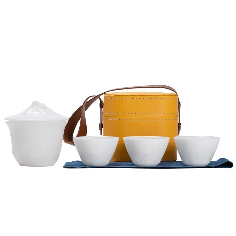 ice jade porcelain travel tea set, one pot of three cups, high-end gift box, portable outdoor business commemorative gift