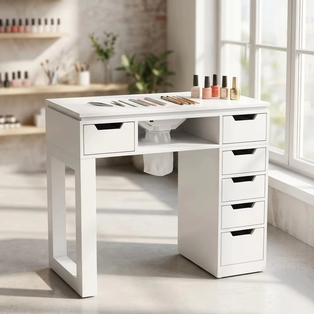 White Wood Manicure Table with Vent Quality Nail Tables  for Beauty Shop Double Manicure Table Ship From Us