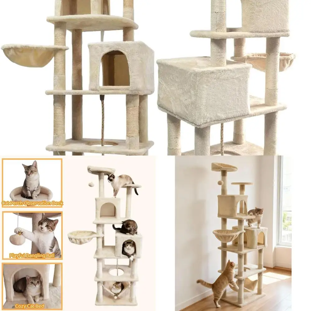 

68 Beige Indoor Cat Tree with 7 Scratch Posts, 2 Perches, 2 Caves, and Hammock