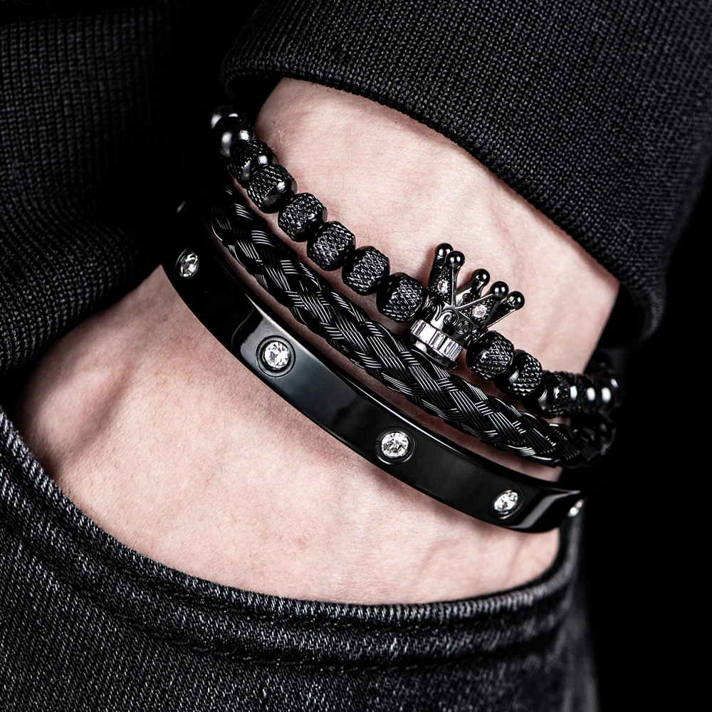 3pcs Luxury Micro Pave CZ Crow Beads Royal Charm Men Bracelets Stainless Steel Crystals Bangles Couple Handmade  Lace-up Jewelry