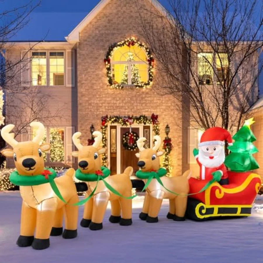 

Outdoor Christmas inflatables decorations: 13 FT lighted Santa Claus on sleigh with 3 reindeer Christmas tree, PVC material, re