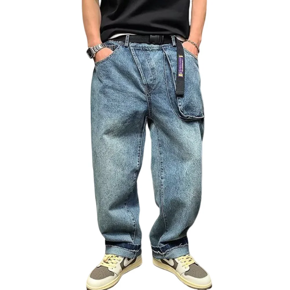 Japanese Jeans Men Retro Large Pocket Washed Denim Pants Wide Leg Diagonal Zipper Strap Pants