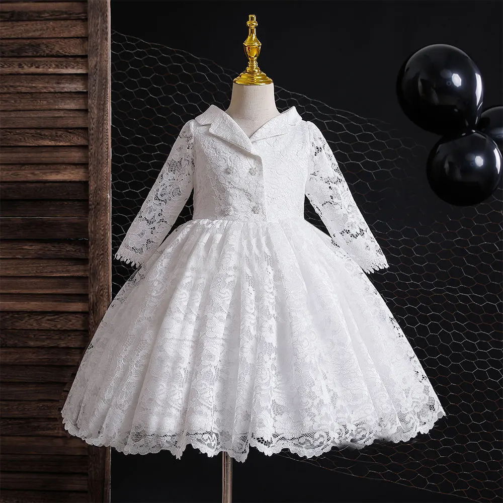 

Lace Elegant White Long Sleeve Baby Party Dress Turn Down Collar Button Floral High Waist Girls Dresses Fashion