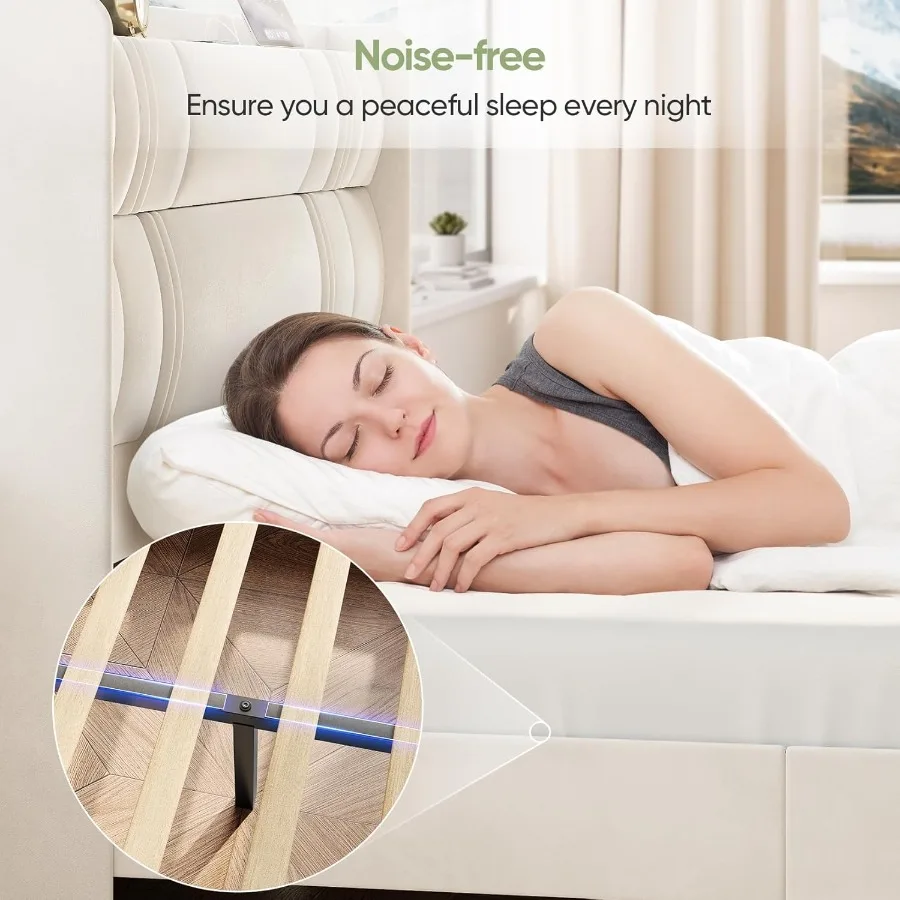 إطار سرير كوين مع لوح رأسي طويل 52 إطار سرير بمنصة منجدة مع محطة شحن إطارات سرير مخملية فاخرة منحنية #6