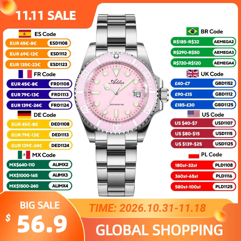 Addies 36mm Couple's Watch New Luxury BGW9/C3 Luminous 316L Stainless Steel Waterproof Diving Quartz Wristwatch Lover AW25902