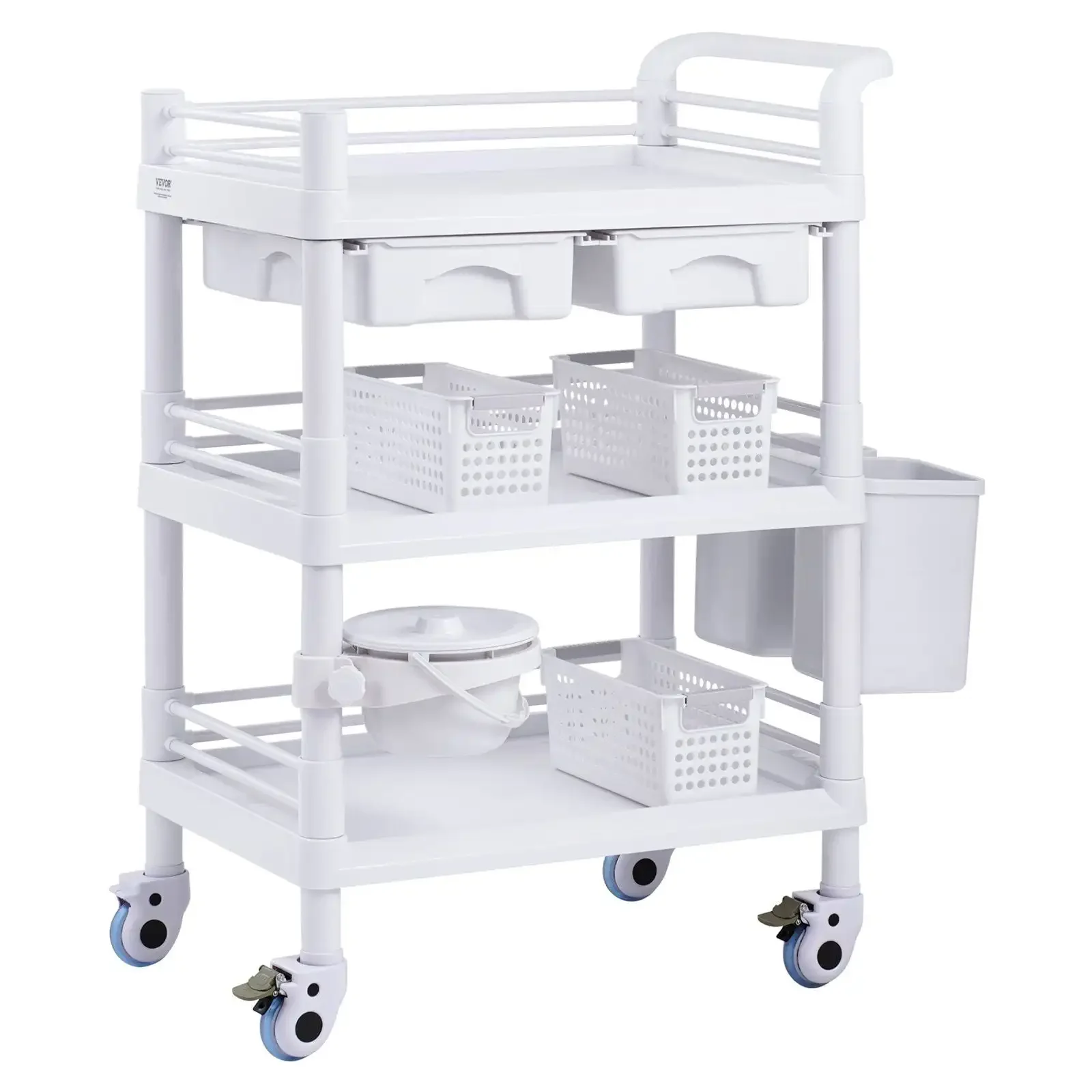

3 Tiers Lab Carts Mobile Medical Cart with 3 Trays & 3 Trash Cans White