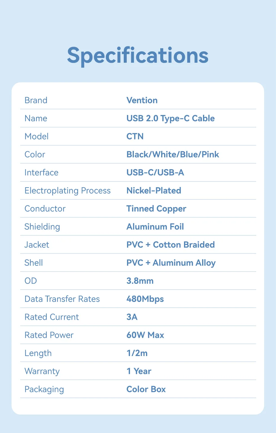 Vention USB C Cable 3A QC3.0 USB A to USB Type C Cable Fast Charging Cord USB-C Charge Wire Data for Iphone 17 16 Huawei Xiaomi