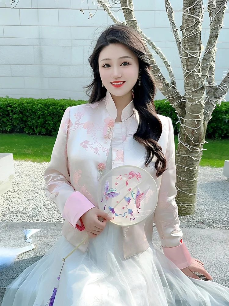 

Новая женская короткая куртка в китайском стиле для весеннего сезона, маленький размер, элегантная, в национальном стиле, с воротником-стойкой, украшенная кристаллами