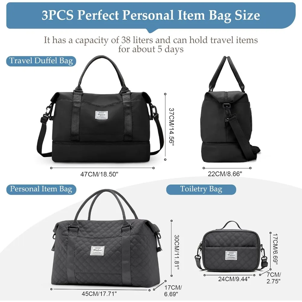 حقائب عطلة نهاية الأسبوع للنساء، حقيبة سفر واق من المطر بين عشية وضحاها مع حجرة للأحذية، حقيبة حمل شخصية، أسود، كبير، مجموعة من 3 قطع