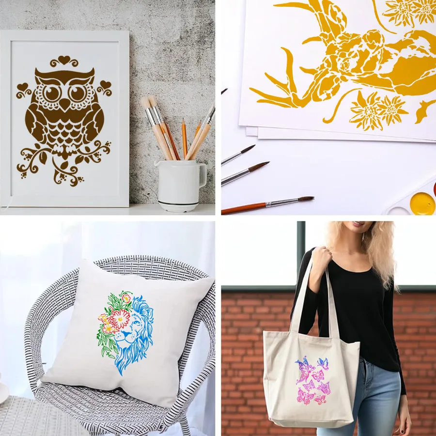 مجموعة واحدة مكونة من 4 قطع من استنسل الحيوانات والفراشات القابل لإعادة الاستخدام مقاس 8.3 × 11.7 بوصة - قوالب رسم يدوية للنسيج والخشب وسجل القصاصات وفن الحائط