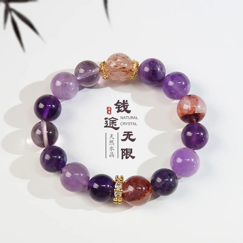 

Natural Amethyst Black Gold Seven Large Bead Round Bracelet Design Sense Hand String Jewelry