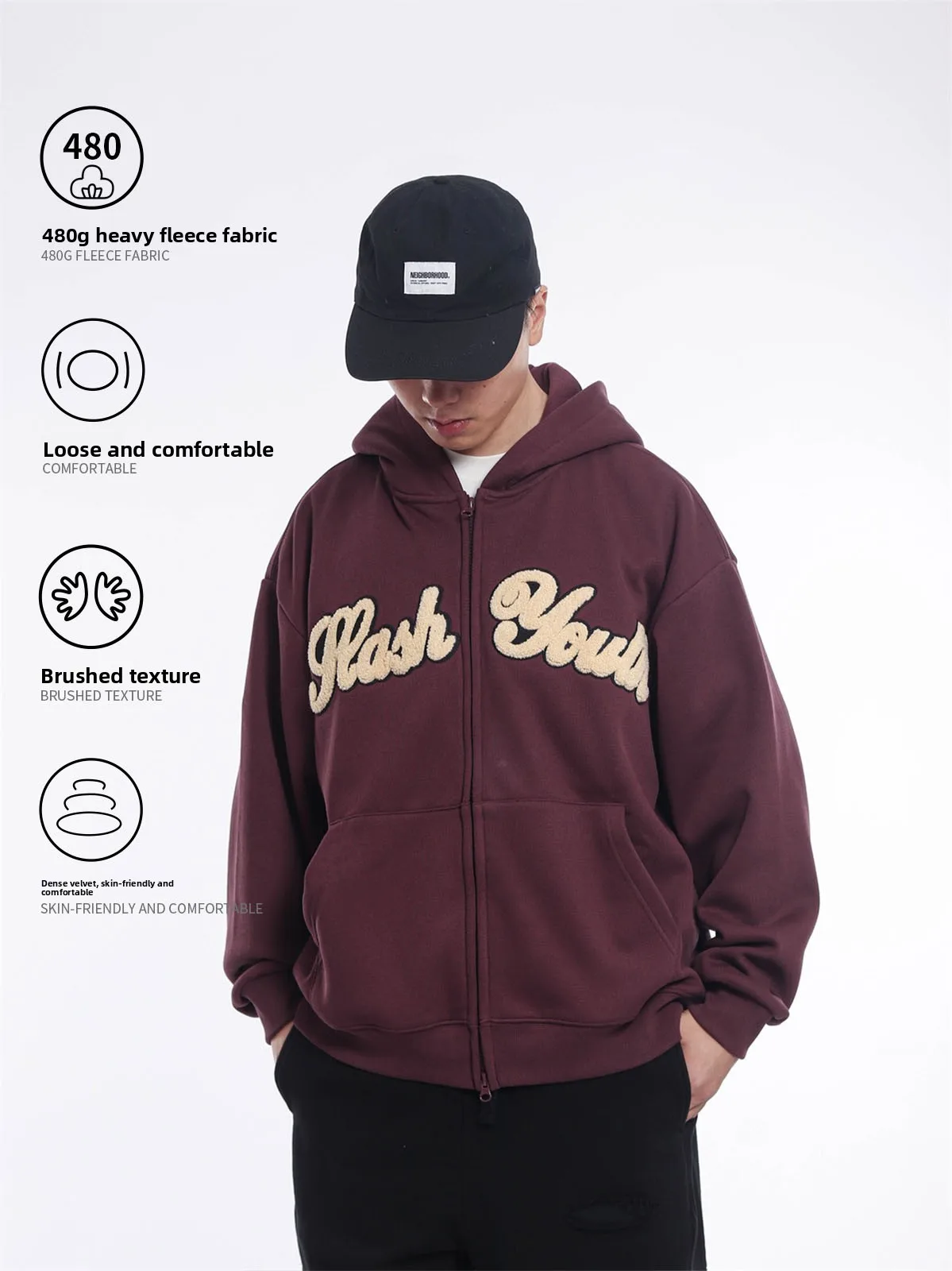 Thickened Heavyweight American Retro Hand-drawn Hooded Open Cardigan Sweatshirt Cityboy Men's Clothing Embroidered Long Sleeve