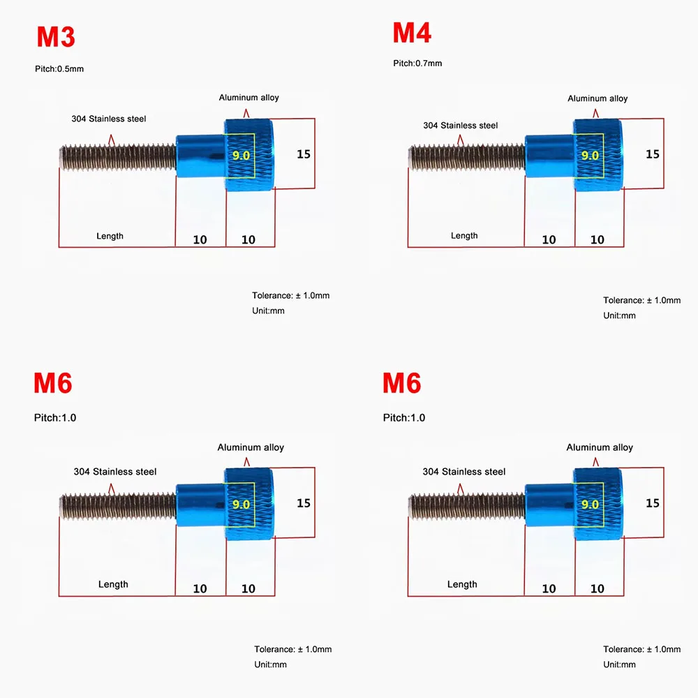 Stainless Steel Thumb Screw M3 M4 M5 M6*4mm to 100mm Aluminum Alloy Knurled Head Hand Tighten Thumb Screws Blue Red Dark Blue
