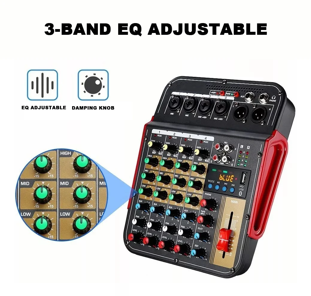Mixer de áudio com Bluetooth e Reverb, 48V Alimentação, 6-Channel Sound Card, DJ Karaoke