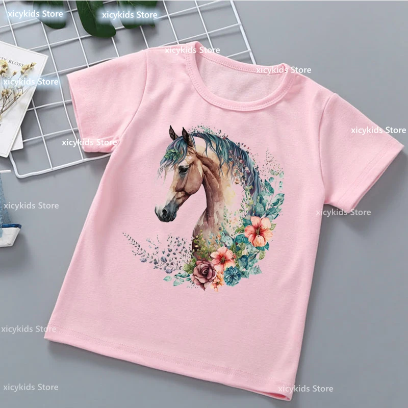 女の子のかわいい動物のプリントTシャツ、馬、ドラゴン、羊、子供服、ピンクのトップス、新しいファッション、2024