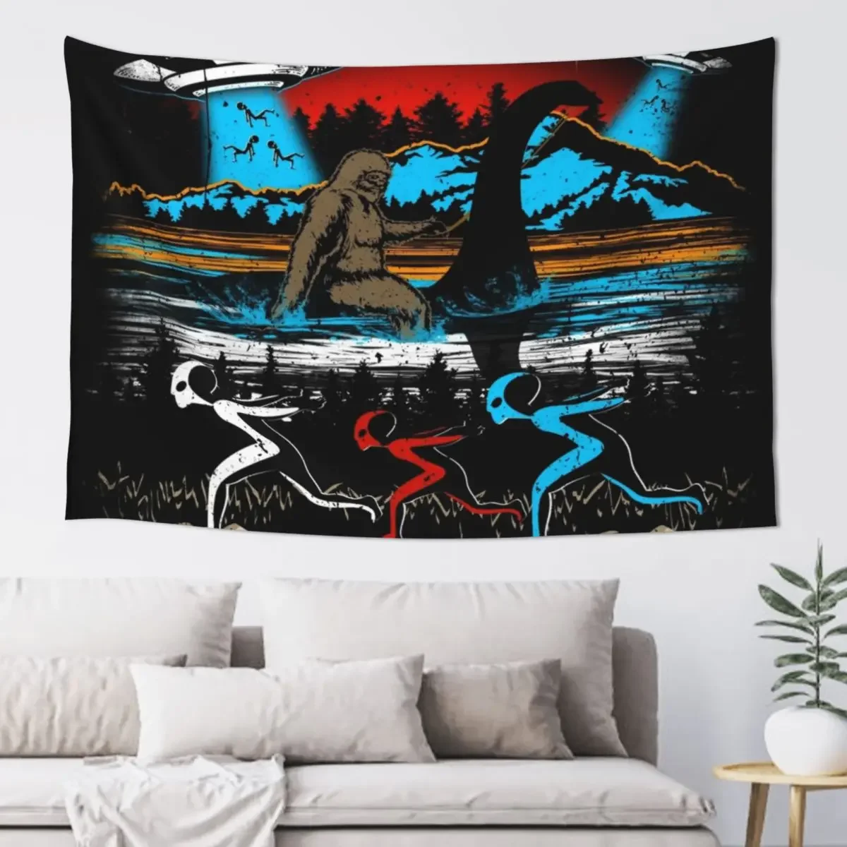 

Bigfoot ride Loch Ness Monster Sasquatch Alien running Ufo Graphic Vintage Sunset Tapestry Room Decoration Accessories Tapestry