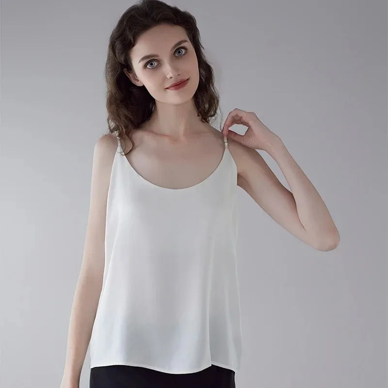 Wholesale 100% Mulberry Silk Sleepwear Breathable Sand Washed 19mm Suspender Top Small Suspender Loose Sleeveless Sleepwear