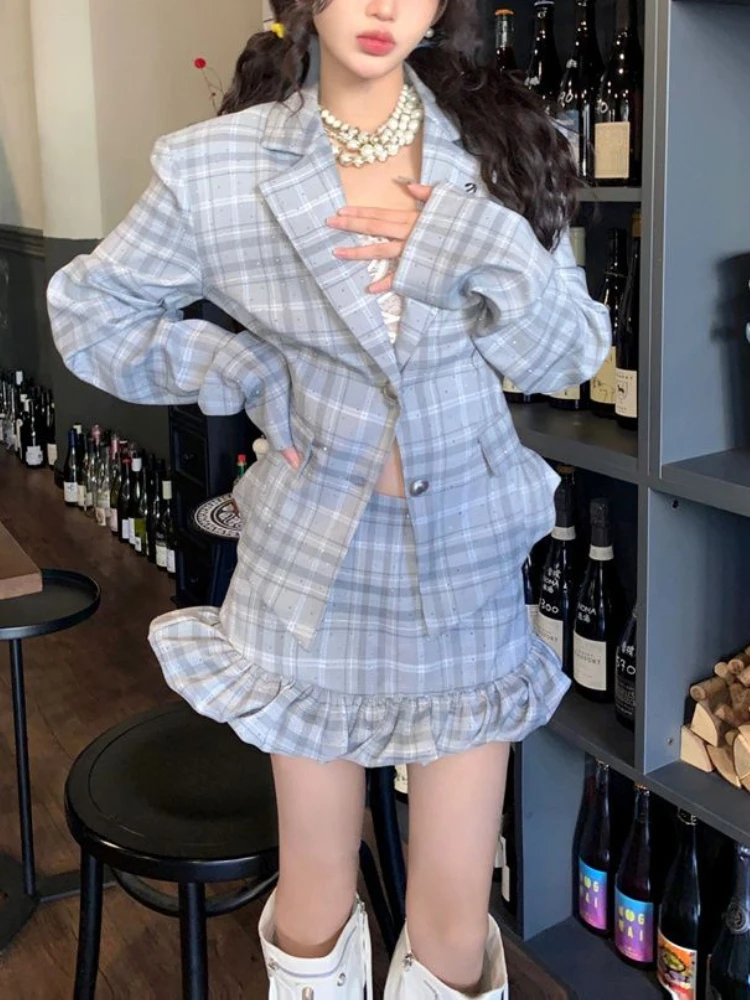 Preppy Style Sexy 2 Piece Set Women Blue Plaid Coat + Flounce High Waist Sweet Skirt Suit Female New Elegant Kawaii Set Spring