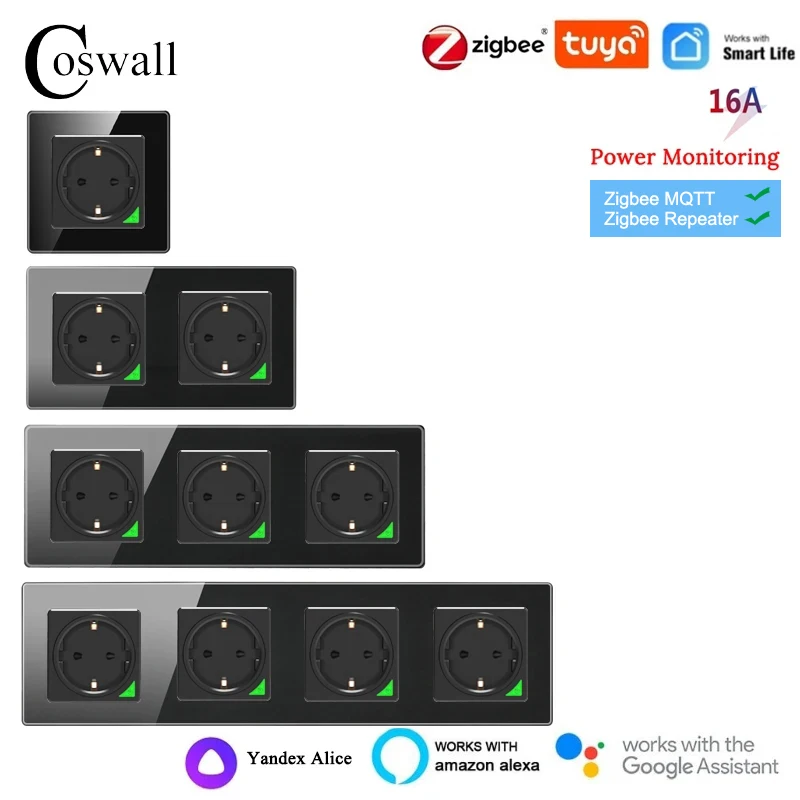 COSWALL Glass Panel Black White Zigbee Tuya Smart EU/2EU/3EU Wall Socket With Power Support Monitoring Yandex Alice /SmartThings