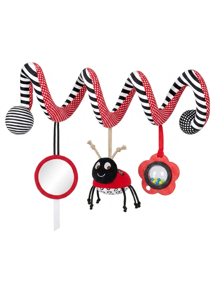 Baby Spiral Crib Activity Toy, Black and White Sensory Plush Toy with Rattle, Mirror & Teether for Infant Crib/Stroller/Car Seat