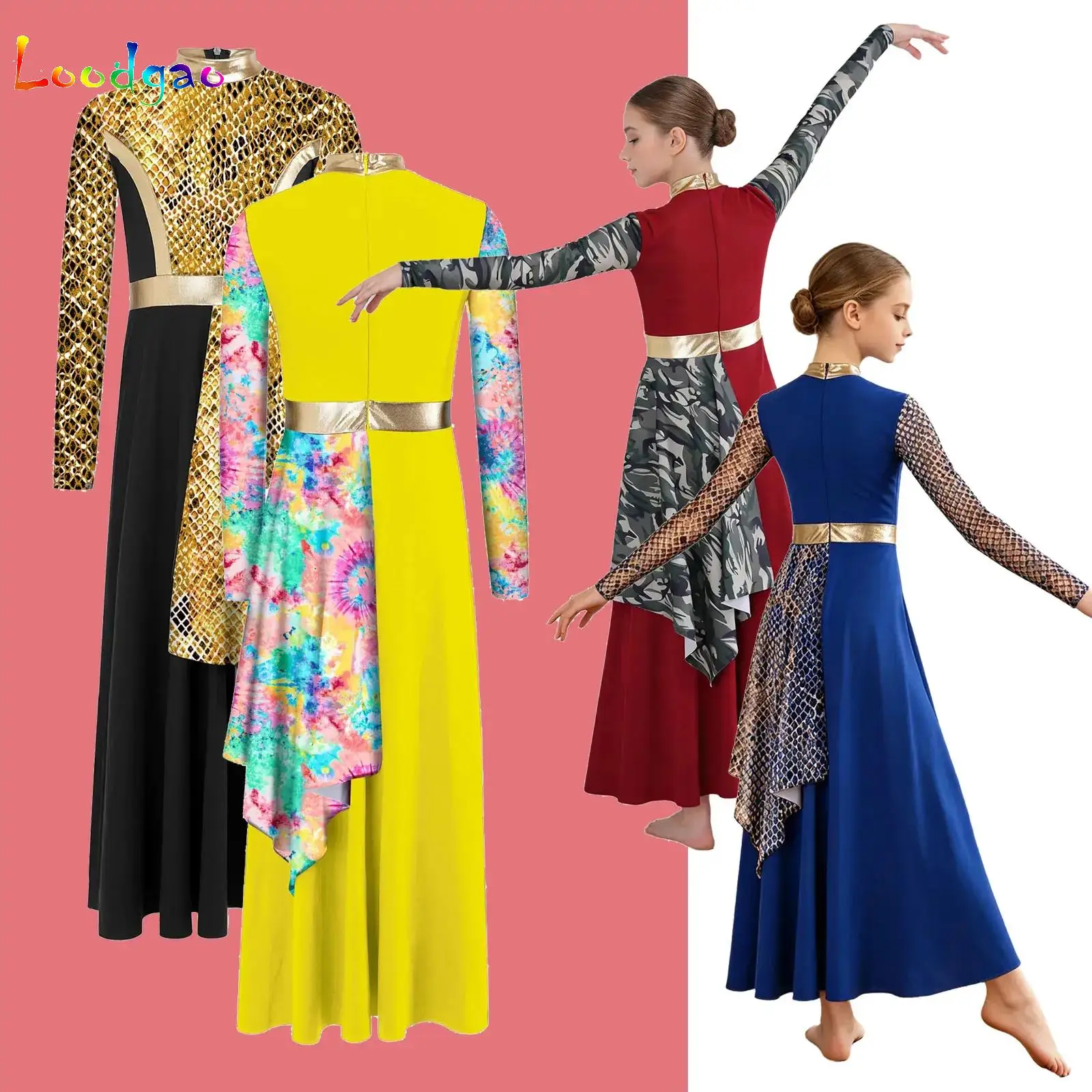 

Kids Girls Asymmetrical Drape Lyrical Dance Dress Long Sleeve Praise Contemporary Ballroom Dancing Costume Children Church Choir