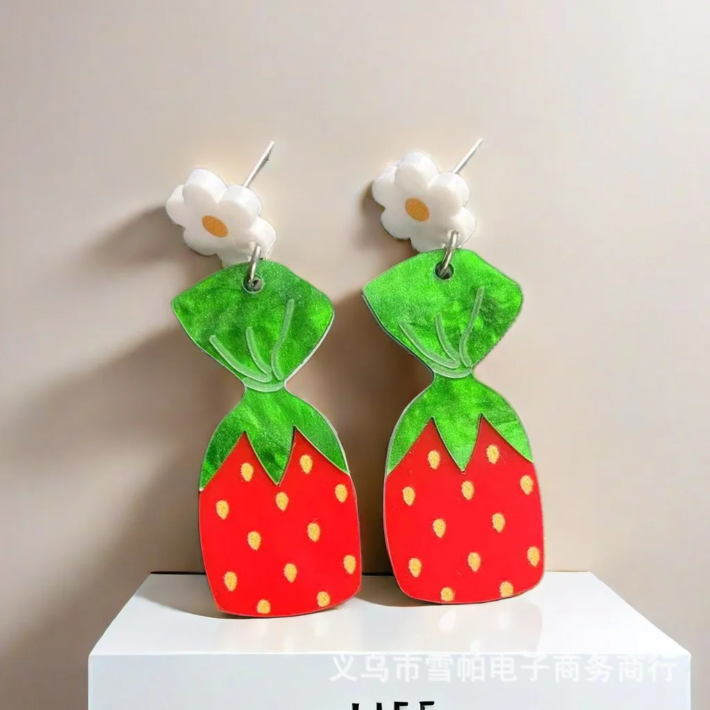Acrylic Flowers Strawberry Candy Stud Earrings For Women Creative Multilayer Pendants Earring Jewelry Gift