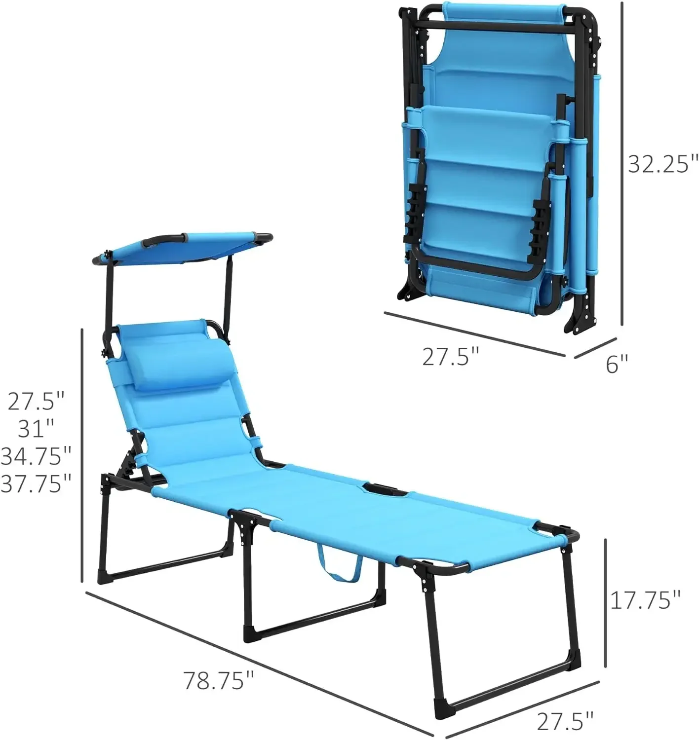 Silla de salón plegable con respaldo ajustable para exteriores, sillón de bronceado acolchado con sombrilla, techo y reposacabezas de almohada