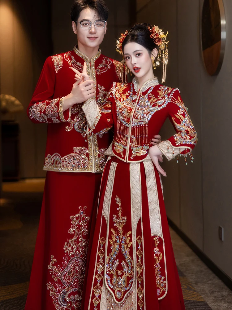 

Новое роскошное свадебное платье из бархата в китайском стиле 2025 года с тяжелой вышивкой для молодых женщин