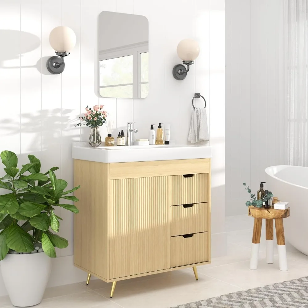 Bathroom Vanity with Sink,31'' Bathroom Sink Cabinet with Glide Door and 3 Drawers,Ceramic Sink Vanity Modern Minimalist Striped