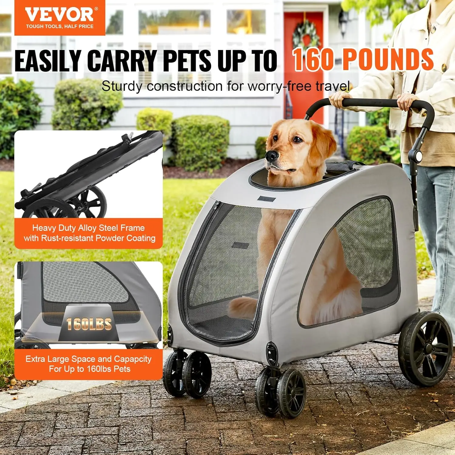 4 Wheel Handle-Adjustable Pet Stroller for Large Dogs, Dog Jogging Carriage Stroller for 2 Dogs