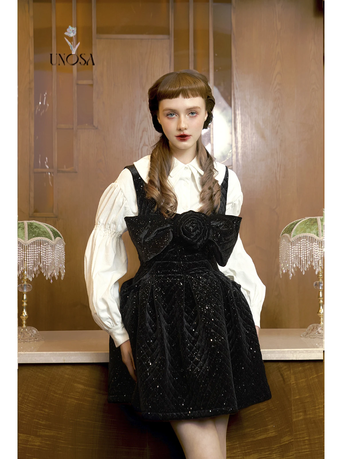 

SA Original Design Bla Velvet Knot Rose Cotton Dr irt Set A-Line Skirt round Ne High Waist Polyest...