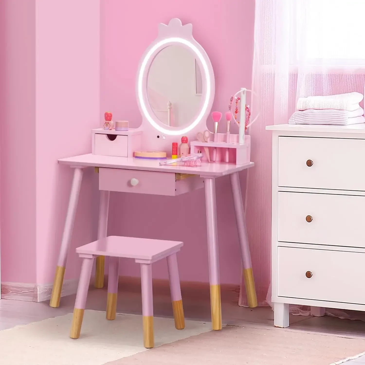 BRINJOY Kids Vanity Set with Lighted Mirror, Princess Make Up Dressing Table and Stool Set w/Jewelry Storage Rack & Make Up Brus