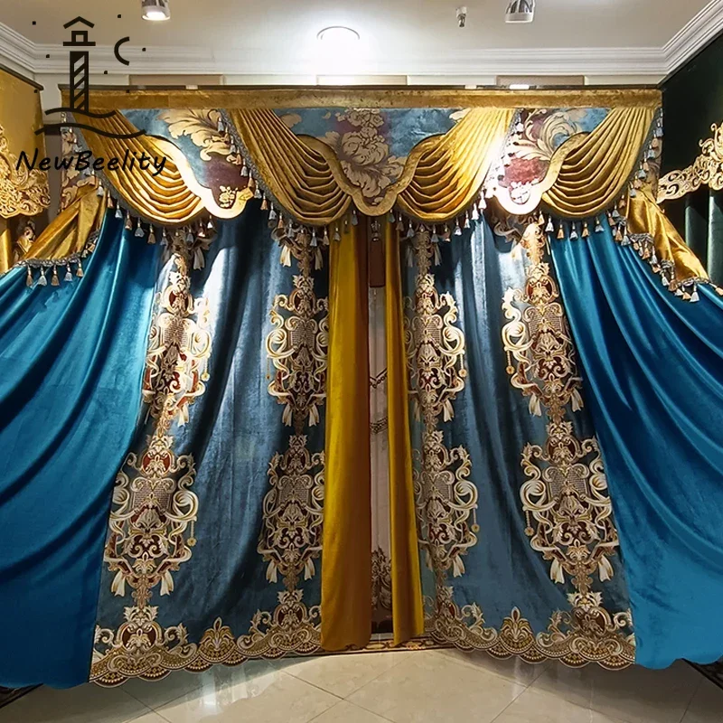 

European Custom Size Embroidery Luxury Blue Velvet Curtains for Living Room Bedroom Dining Window Tulle Valance Thicken Decor