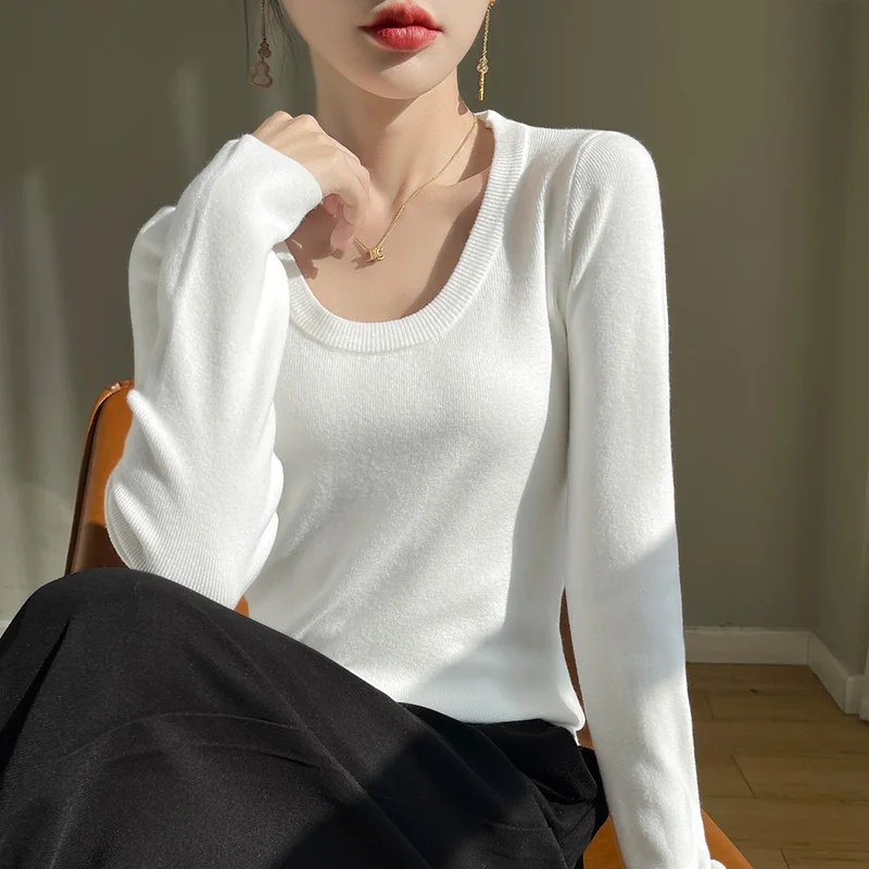 

Новинка на раннюю осень, Однотонный свитер с круглым вырезом и длинными рукавами, Модный облегающий женский свитер, тонкий свободный женский свитер