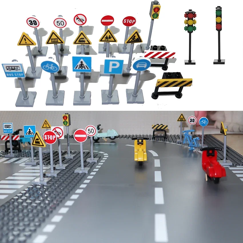 MOC City Traffic Lights Road Signs Roadblock Signal Light Speed Limit DIY Building Block Scene Construction Minifigs Accessories