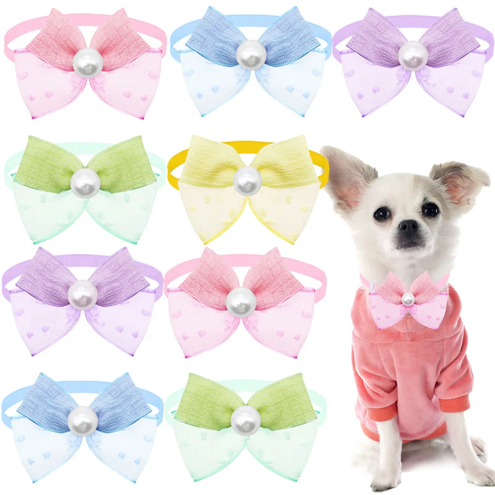 

New Lace Pearl Dog Bow Ties 10PCS Adjustable Pet Dog Collars Accessories For Dogs and Cats Spring Pet Dog Bowties Supplies