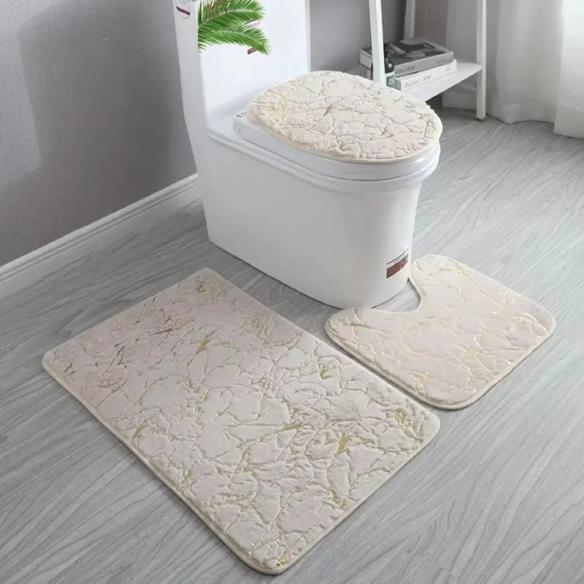 3 Piece Toilet Carpet Set Washable Gold Printing Anti Slip Rugs Toilet Cover Mat Set Living Room Bathroom Rugs Bathroom Decor