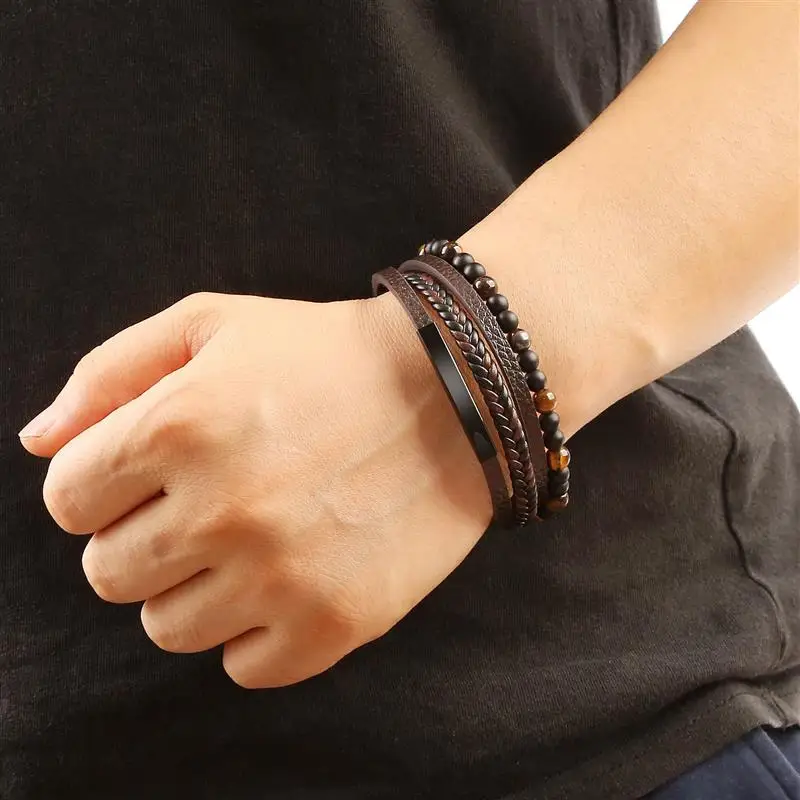 Hot Sale High Quality Leather Bracelet Men Classic Fashion Tiger Eye Beaded Multilayer Leather Bracelet For Men Jewelry Gift