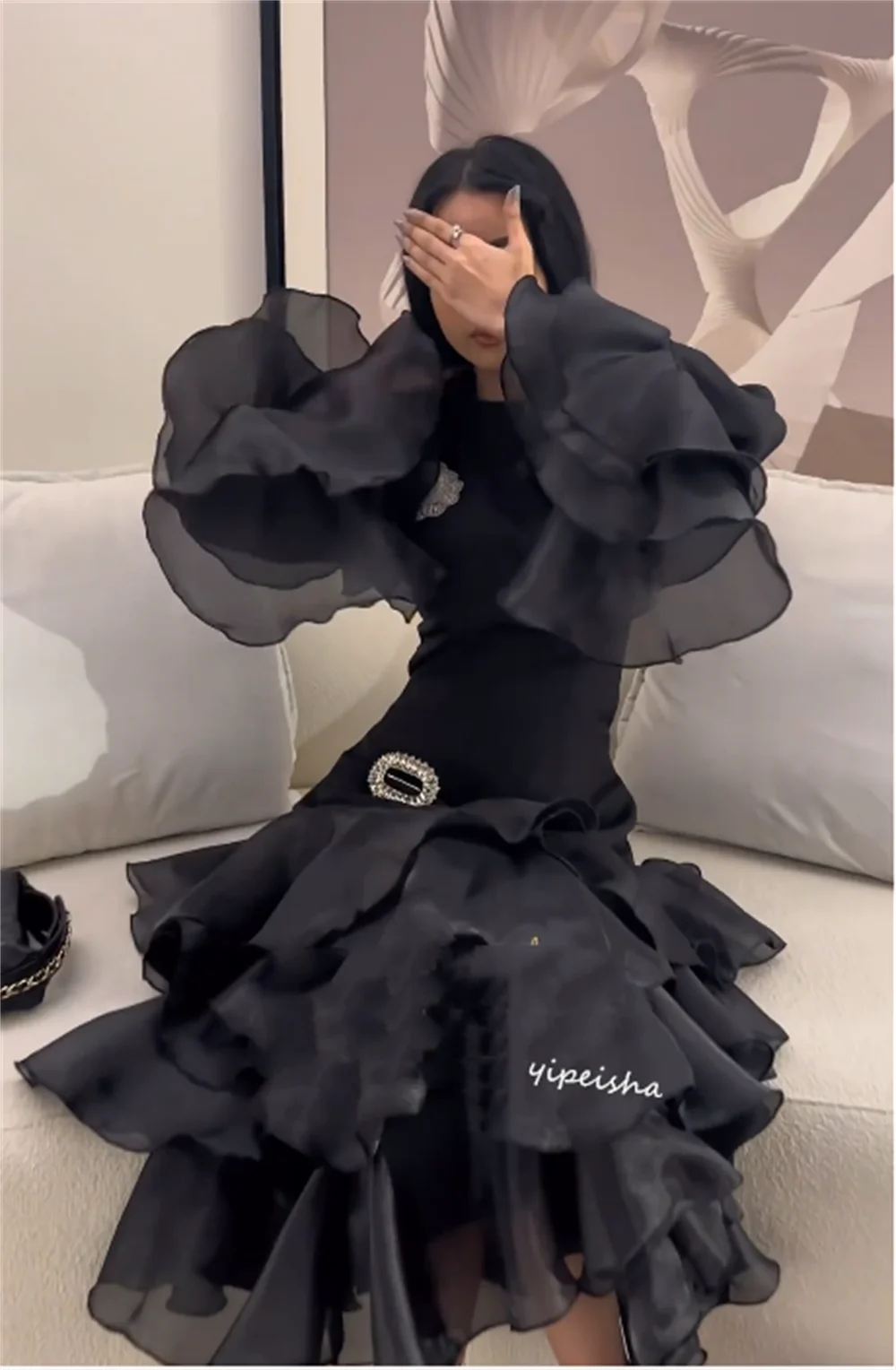 Customized High Quality Exquisite  Jersey Tiered Beading Engagement A-line High Collar Bespoke Occasion Gown Midi Dresses