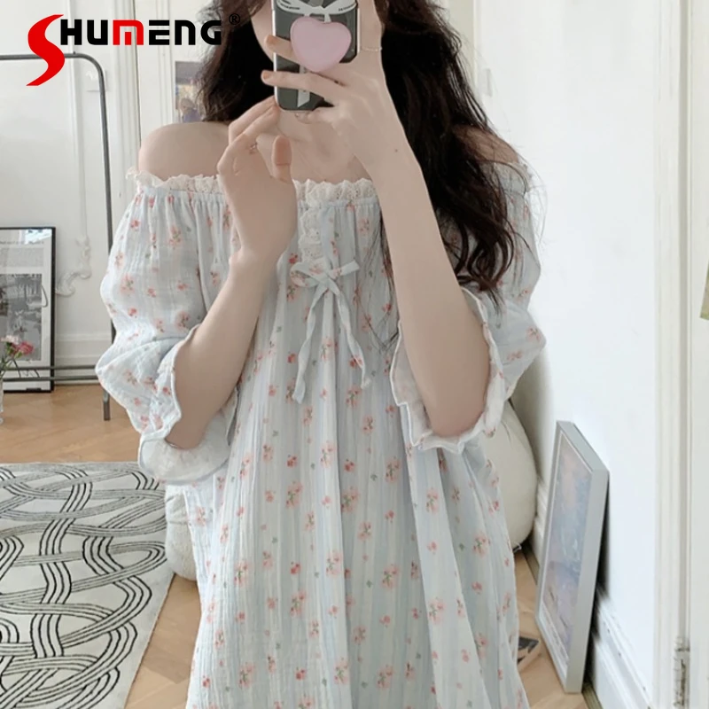 

Summer Sweet Princess Style Nightdress for Women Off Shoulder Round Neck Sleepshirts Lady Gentle High End Nightgown Dress
