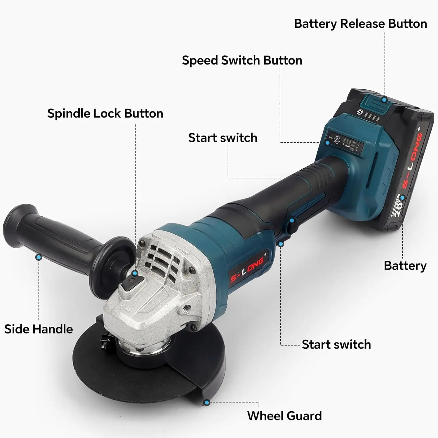 S-Long Cordless Angle Grinder With 4.0Ah Battery, 20V Power Angle Grinder Tools With Fast Charger, 9000 Rpm Brushless Motor