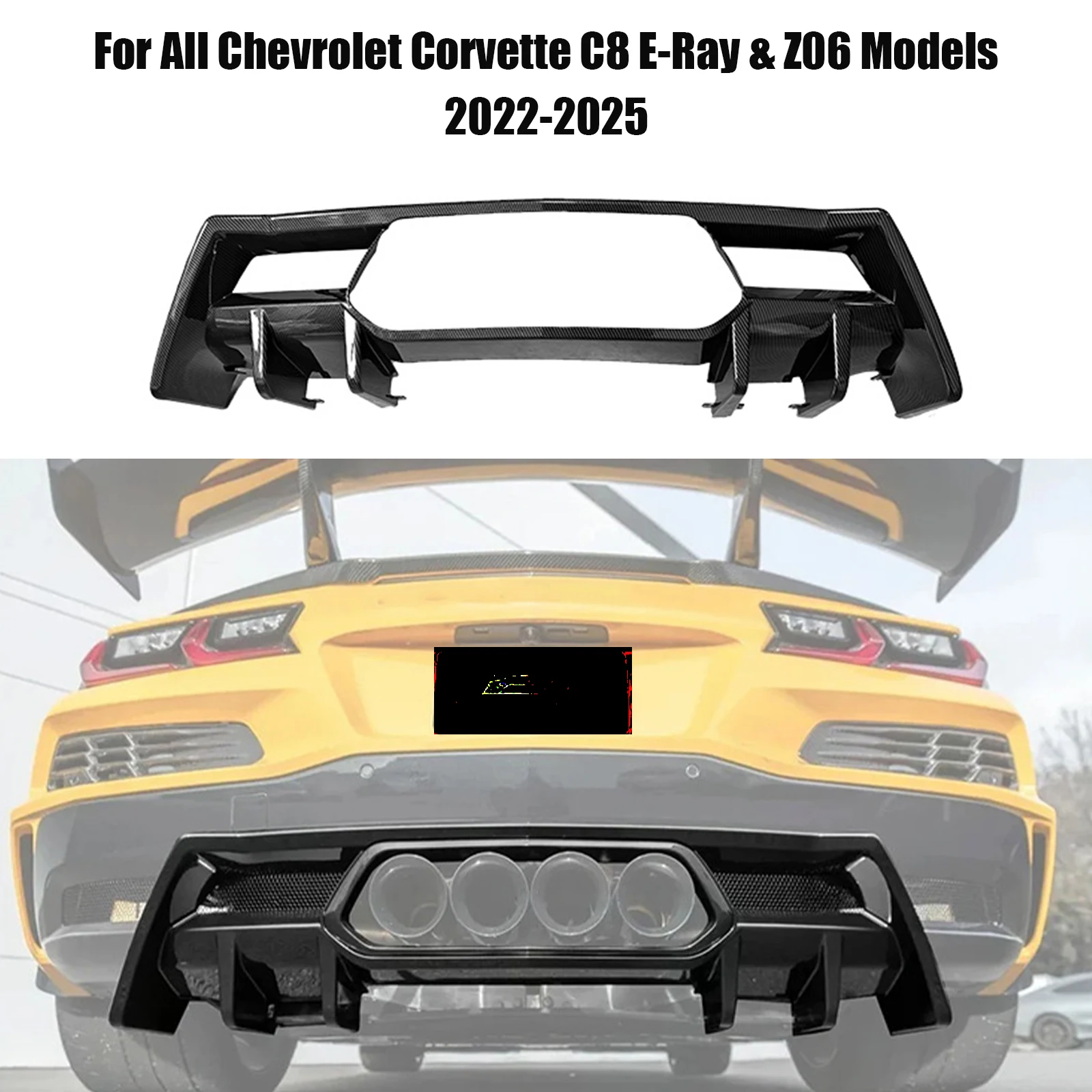 Rear Bumper Lip Diffuser Spoiler Splitter For 2022-2025 All Chevrolet Corvette C8 E-Ray & Z06 Models Carbon Look Glossy Black