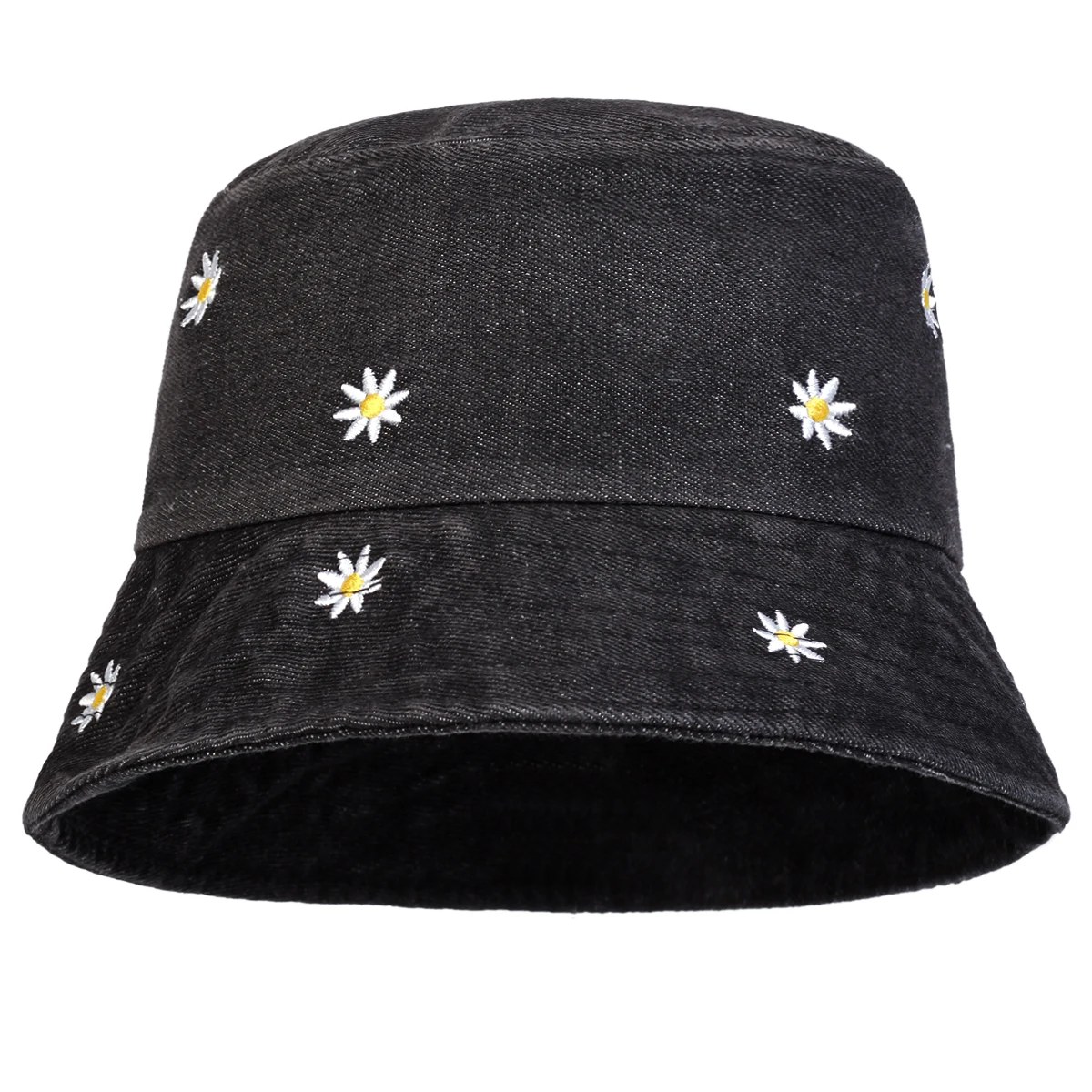 Unisex Daisy Embroidery Denim Bucket Hats Fishermen Caps Outdoor Casual Cap Sunscreen Hat