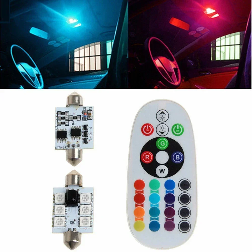 2PCS Car RGB LED Dome Reading Light Hot Sale Multi Color Flash Mode Control 6 Leds 41MM C5W 12V Remote Car Interior LED Lamp