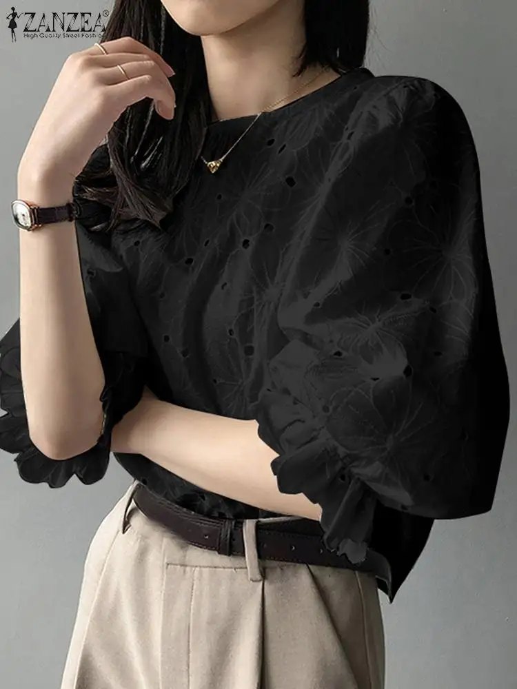 ZANZEA Hollow Out Embroidery Women Blouses Korean Fashion Puff Sleeve Solid Cotton Blusas 2024 Summer Elegant Commute Party Tops