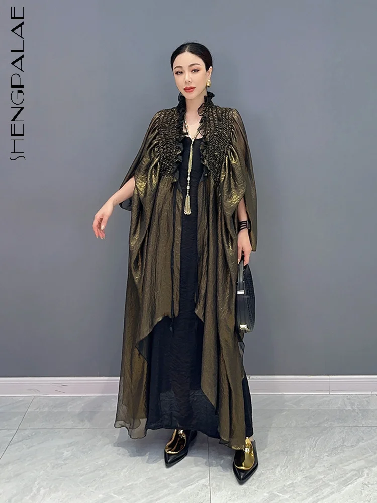 SHENGPALAE Batwing Sleeve Dress For Women Stand Collar Patchwork Folds Solid Color Loose Waist Vestido Summer 2024 New 5R4469