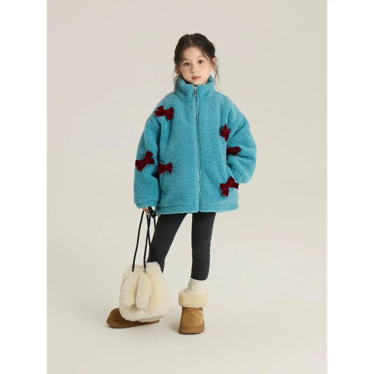 

Girls' Lamb Fleece Coat Winter New Autumn Winter Fleece Warm Bow Top Thickened Cotton-padded Jacket for Children 100-150cm